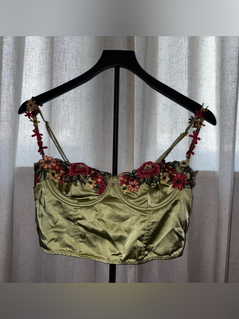 Fashion Nova Olive Satin Floral-Trim Crop Top